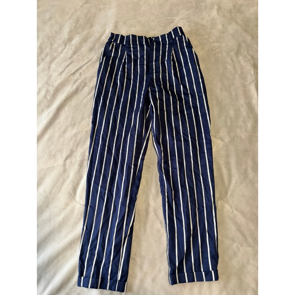 Forever 21 Womens Navy Blue White Striped Tapered Pleated Pants Size S N43